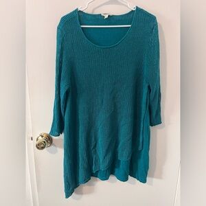 Eileen Fisher Organic Linen Open Knit Tunic Sweater Teal Asymmetrical XL